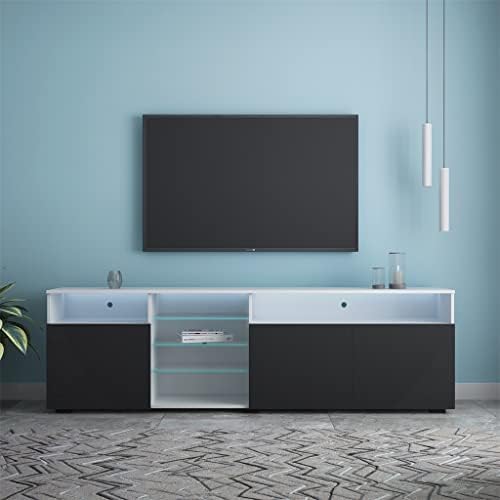 BHVXW 200x35x55cm Gabinete de TV LED brilhante com 3 portas de grande capacidade TV Stand White and Black