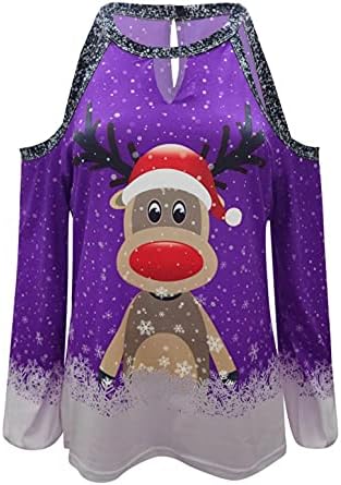 Blusa de ombro frio de natal para mulheres Pullover de Natal Feia Funny Snowflake Rena Prinha Sorto de férias Tops de férias