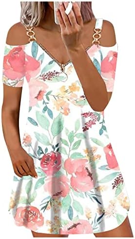 Vestidos de praia femininos de verão estampa floral fora de ombro vestido de manga curta zíper profundo v colunas soltas