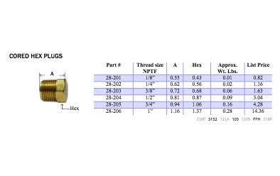 Midland 28-203 Pipe Brass com núcleo hexadecimal, thread NPTF de 3/8