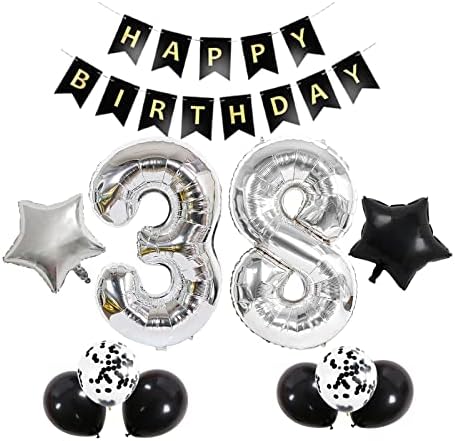 Qweqwe 38º aniversário decoração balões, decoração de aniversário 38 anos menino menino prateado preto, 38º aniversário