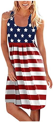 4 de julho Vestido de verão para mulheres Casual Boho Dress USA Flag Flag Scoop Neck Flowy Mini Beach Sundress