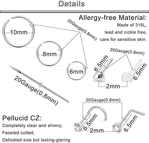 Yaalozei 66pcs kit de piercing no nariz no nariz-20g 18g Kit de piercing colorido profissional para lábio do nariz