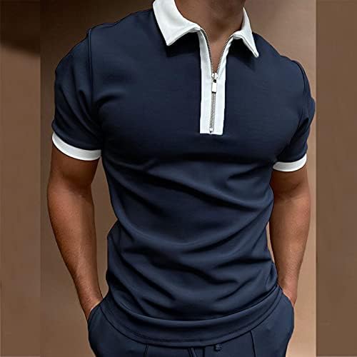 Camisas de pólo de zíper de beuu para homens, outono verão listrado slim fit manga curta camiseta de negócios tops casuais