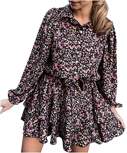 Vestidos de botão longa para mulheres vestem com meias babados com manga longa com cinto de polca floral bolinhas