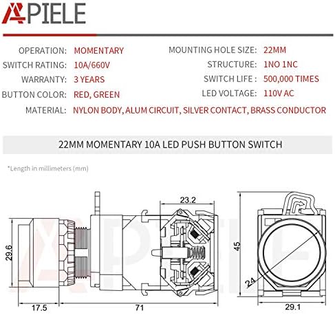 APIELE 22MM MONTHAREIRO MONTHTILTE CABEÇA METAL PLÁSTICO COM LED 110-120V AC/DC