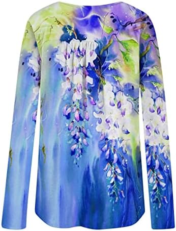 Nokmopo Womens Fall Tops Moda Button Casual Neck O-Fosco Impresso Mangas compridas Camisas de primavera top top