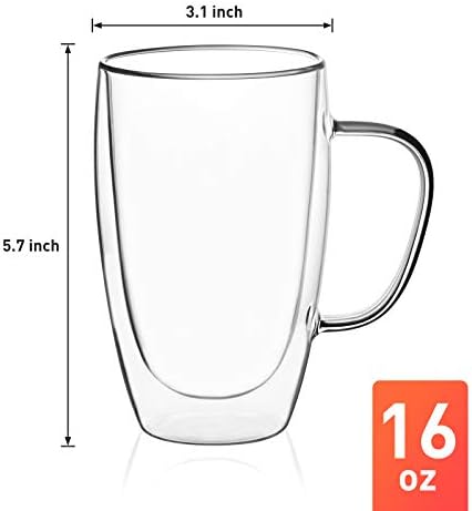 Comooo 16oz 2 pacote de canecas de café de vidro duplo, copos de café com vidro de vidro transparente canecas de vidro