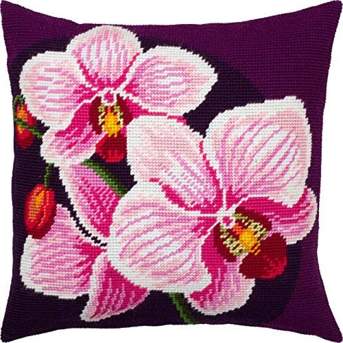 Orquídeas rosa. Kit de bordado. Jogue travesseiro 16 × 16 polegadas. Tela de tapeçaria impressa, qualidade européia