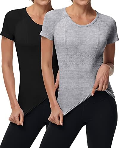 2 peças Mulheres Manga curta Camisa de exercícios sem costura camisas de treino Tops