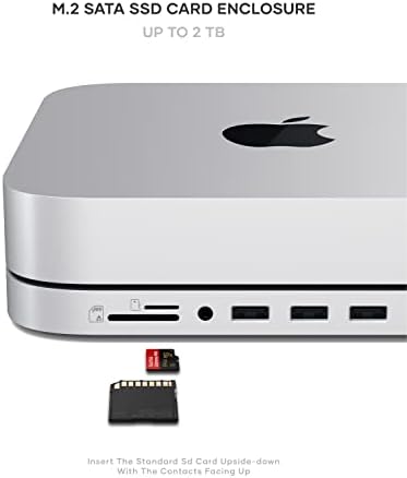 Satechi Mac Mini Hub & Type-C Stand com gabinete SSD-MAC Mini Stand-se encaixa em M.2 SATA SSD, porta de dados USB-C, leitores de cartão