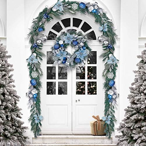 Valery Madelyn pré-iluminada 6 pés de inverno Terra prata azul guirlanda de natal com 20 luzes LED e ornamentos de bola+6 pcs prateado