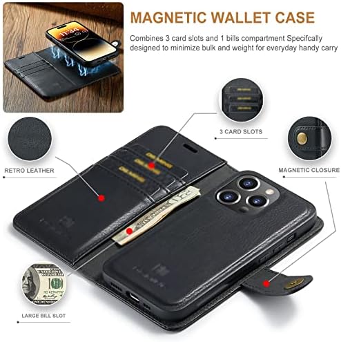 Caixa da carteira de Yagelang para iPhone 14 Pro, destacável 2 em 1 Business Leather Flip com slots de cartas Tampa magnética Durável