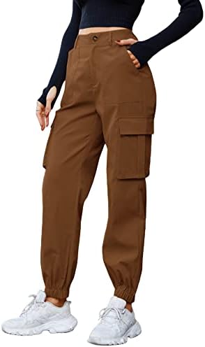 Calça de carga de caminhada de cintura alta e de cintura alta da mulher makemechic com bolsos