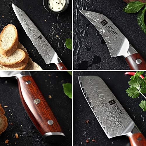 Xinzuo Chef Knife Conjunto de aço Damasco Conjunto de faca de cozinha 6pcs, Chef Santoku Bread Utility Paring Knife Super Damasco Aço Faca forjada Faca -Rosewood Handel