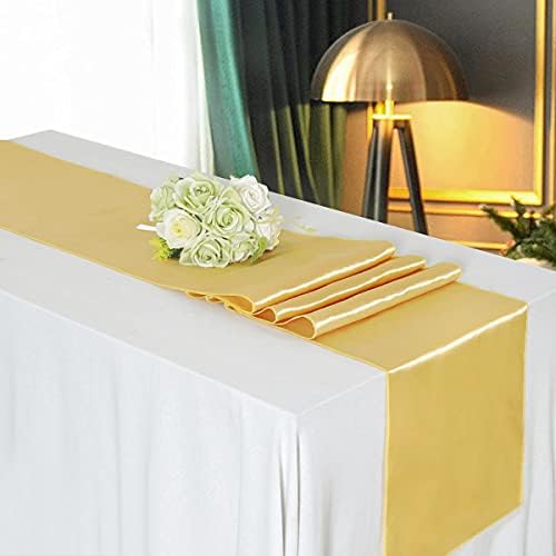 5 Correios de mesa de cetim de embalagem 12 x 108 polegadas de seda de comprimento e tecido liso de mesa de ouro claro para festas para banquetes de casamento graduação