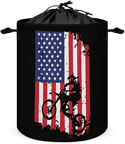 American Flag Motocross Dirtbike Laundry Basket com tração de tração de tração de lavanderia para viajar para viagens