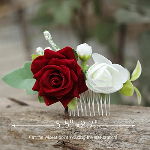 Fangsen Silver Wedding Red Rose Hair Comnte Acessórios para cabelos femininos Acessório de cabelo de noiva floral