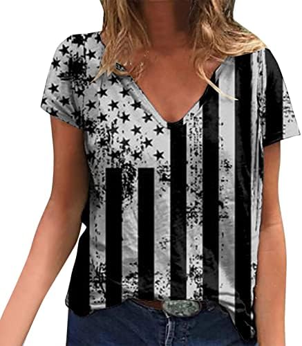 4 de julho Camisas para mulheres de verão Casual American Bandra Americana T-shirt Short Manga V estrelas de decote em V estrelas listradas blusas de blusa