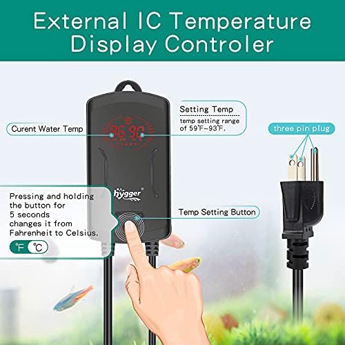 Hygger Totalmente submersível Aquecedor de Aquário de 800 W com Tubos de Fish Tubos de quartzo duplo atualizado com temperatura Externa por 80-190 galões, adequados para marinha e água doce