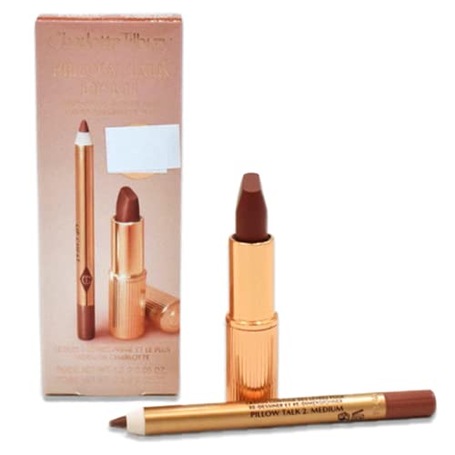 Charlotte Tilbury Mini travesseiro Duo Kit Lip Kit Pillow Talk Medium - Tamanho da viagem Conjunto de maquiagem labial, Mini Lip Cheat Lip Liner e Mini Matte Revolution Lipstick, duradouro há muito tempo