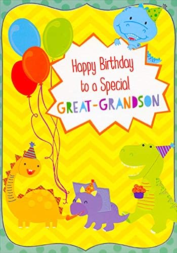 Saudações de designer 4 dinossauros e balões no cartão de aniversário juvenil amarelo zig zag para jovens bisnetos