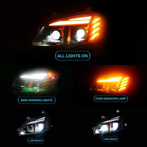 Montagem de faróis de desempenho de LED completo com luzes de sinal de giro DRL e âmbar brancas compatíveis para Kenworth T170 T270 T370 T440 T470 T660 T800 Série semi -caminhões