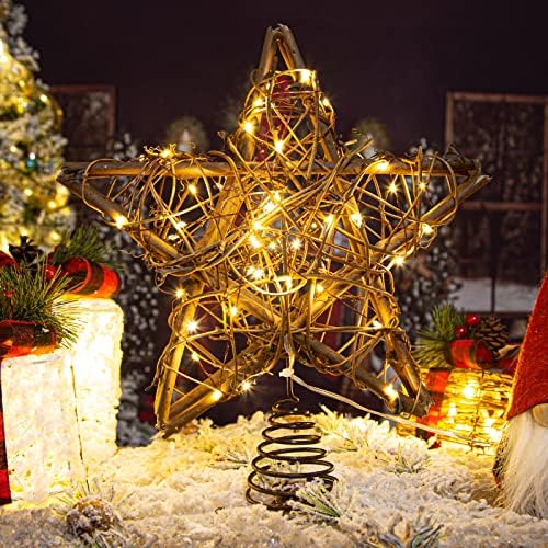 Rattan Natural Star Christmas Tree Topper - Rustic Farmhouse Xmas Treetop com 50 luzes LED quentes para decoração de árvore