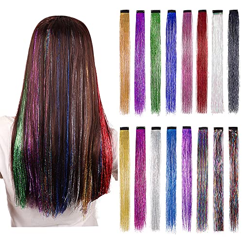 16 PCS Kit de fios de tinsel de laser laser clipe de tinsel de cabelo de penteado Partido Shinny destaque