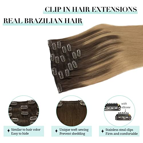 Clipe de portas em extensões de cabelo ombre chocolate marrom destacado loiro sujo 14 polegadas 120g 7pcs Extensões de cabelo humano