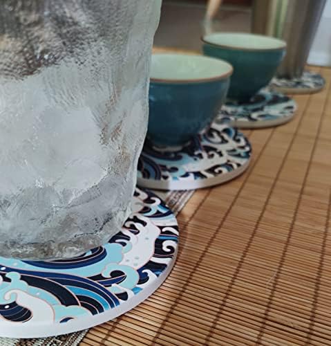 Coasters xusmyzm para bebidas Super absorvente conjunto de cerâmica de 4 Padrão de onda de Base Cork Home Decore 4 polegadas,