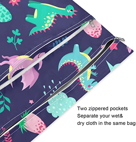 Kigai 2pcs sacos secos molhados para fraldas de pano de bebê Vários dinossauros bolsas molhadas reutilizáveis ​​com dois bolsos com