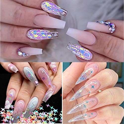 Kalolary 3 caixas lantejoulas holográficas de unhas, estrela do coração redondo lunas de unhas de unhas de unhas Glitter, 3D Iridescente