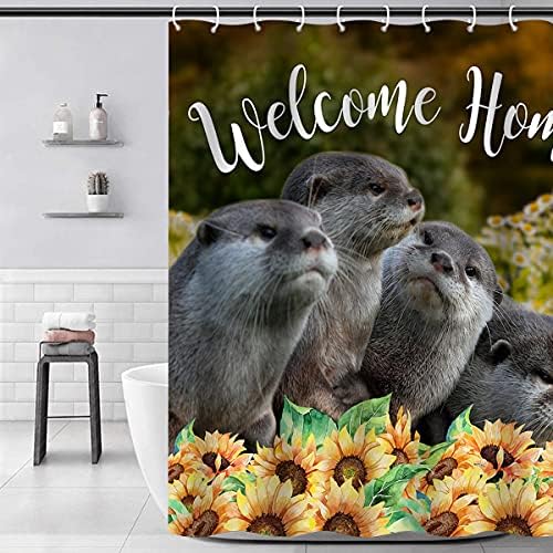 Banho Curtain Animal Squirrel Family Daisy Design fofo com tecido de poliéster à prova d'água 36 × 72 polegadas com