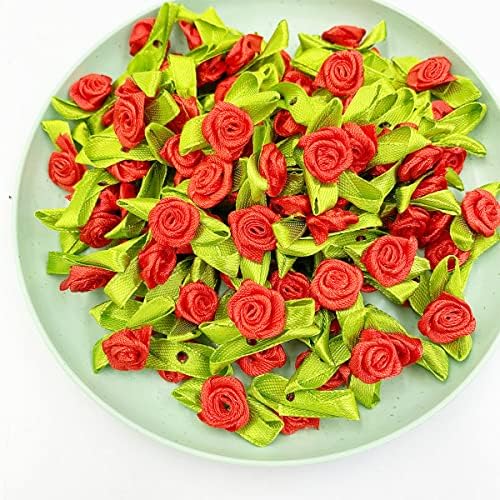 Mini Rosas de fita, 200pcs Flores de tecido artificial com folhas verdes colorido color