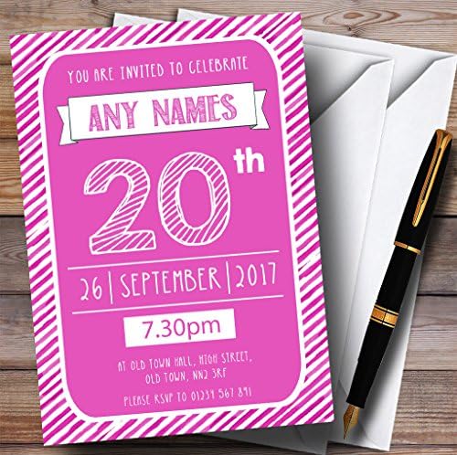 Pink & White listrado deco 20º convites de festa de aniversário personalizados