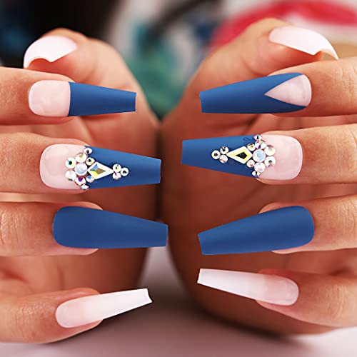 Aksod Matte Crystal Press On Nails Blue Caixão Extra Longo Nails Falsas pregos 3D Bling projetado Ballerina Nails