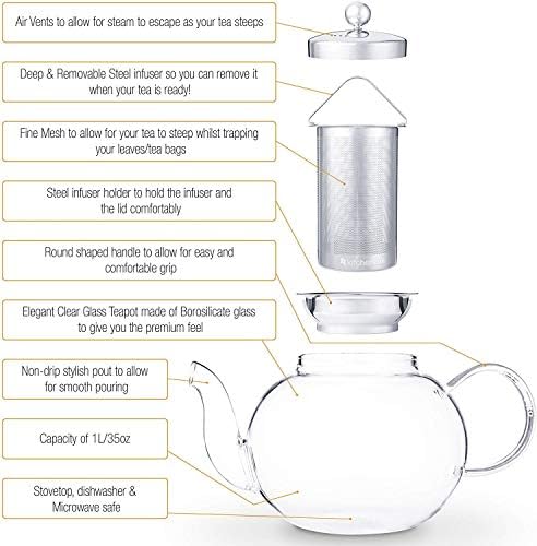 Bule de bule de vidro transparente com infusor - chaleira de chá de fogão com filtro de aço inoxidável removível,