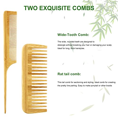 Conjunto de escova de cabelo de MRD, pás de pente de bambu natural que desembaraçam escova de cabelo, dente largo e pente de cauda