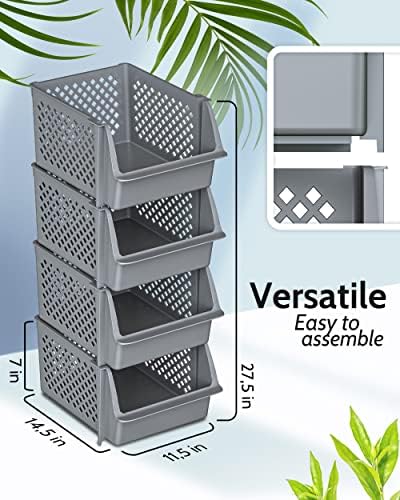 Skywin plástico empilhável caixas de armazenamento para despensa - 12 caixas de empilhamento cinza para organizar alimentos, cozinha