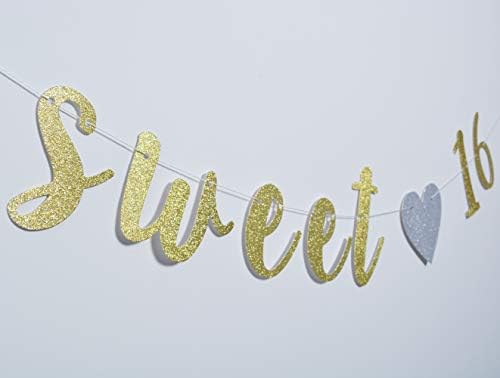 Sweet 16 Banner Gold Glitter com coração para decoração de festas de 16º aniversário suprimentos pré-estrondos de estamenha