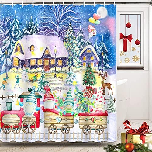 Curta do chuveiro de inverno do desenho animado, Feliz Natal Gnomos Red Train, cortina de banho de tecido para banheiro,