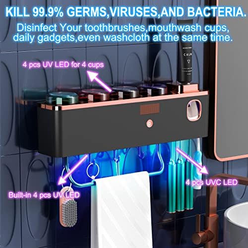 Por escovas de dentes UV montadas na parede com dispensador automático de pasta de dente para higienização de banheiros, escovas