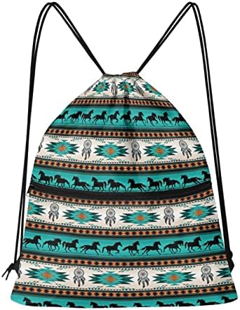 Seanative Southwestern Aztec Horse Turquoise Print Backpack Backpack Large Gym Sackpack Sackpack com bolso zíper para homens Bagados