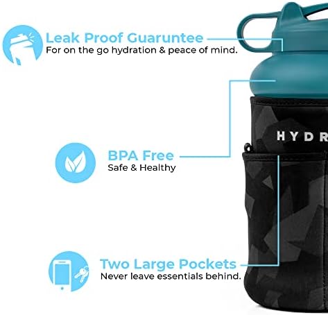 Hydrojug Sleeve - Bolsa de neoprene isolada com vários bolsos para 64 onças de meio galão com alça de ombro opcional - bolsos de