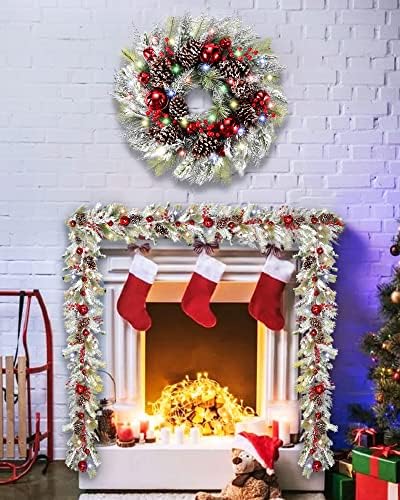 Garland de Natal de 9 pés de 9 pés, guirlanda pré-iluminada em neve com sinos de pinhas de bagas vermelhas e bateria