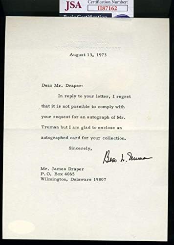 Bess Truman JSA CoA assinado a mão de 1973 Autograf