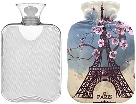 Garrafas de água quente com capa Eiffel Tower Sakura Hot Water Bag para alívio da dor, dores de cabeça para trás, pés de mão