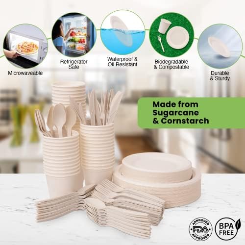 Conjunto de placas de papel biodegradável de 300 peças, conjunto de utensílios descartáveis, pratos compostáveis ​​e