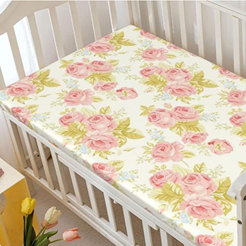 Rose temática ajustada lençóis mini berços, lençóis de mini berço portáteis lençóis de colchão para meninas para meninos, 24 “x38“,